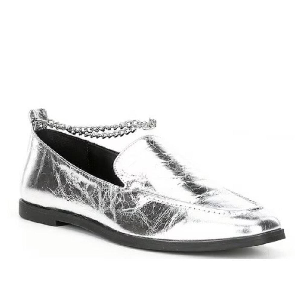 NEW GB Gianni Bini Flip Side Metallic Leather Ankle Chain Flat Loafers